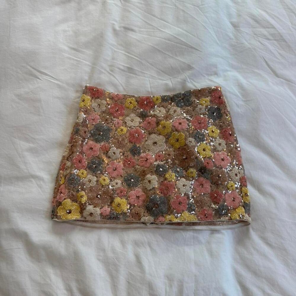 Sequin Floral Mini Skirt in Pink, Yellow & Cream